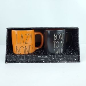 NIB Rae Dunn 2 Pack Halloween Bones Mugs LAZY BONES and BONE TO BE WILD Gift Set